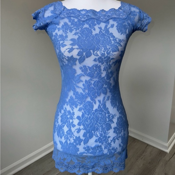 Victoria’s Secret Blue Lace‎ Sheer Floral Mesh Mini Dress Slip Y2K Size Small